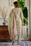 Layla - Green Pleated A-line Flared Cotton Kurta Set with Dupatta