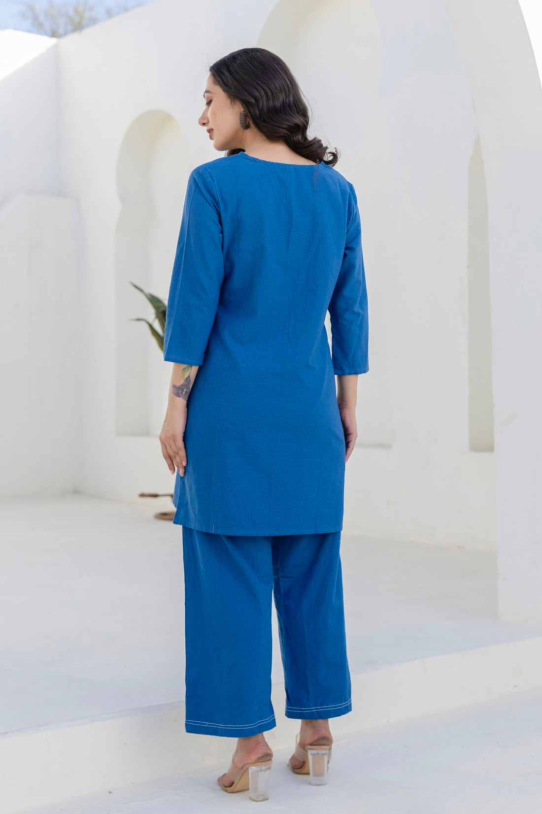 Lyra - Blue Cotton Flex Solid Embroidered Coord Set