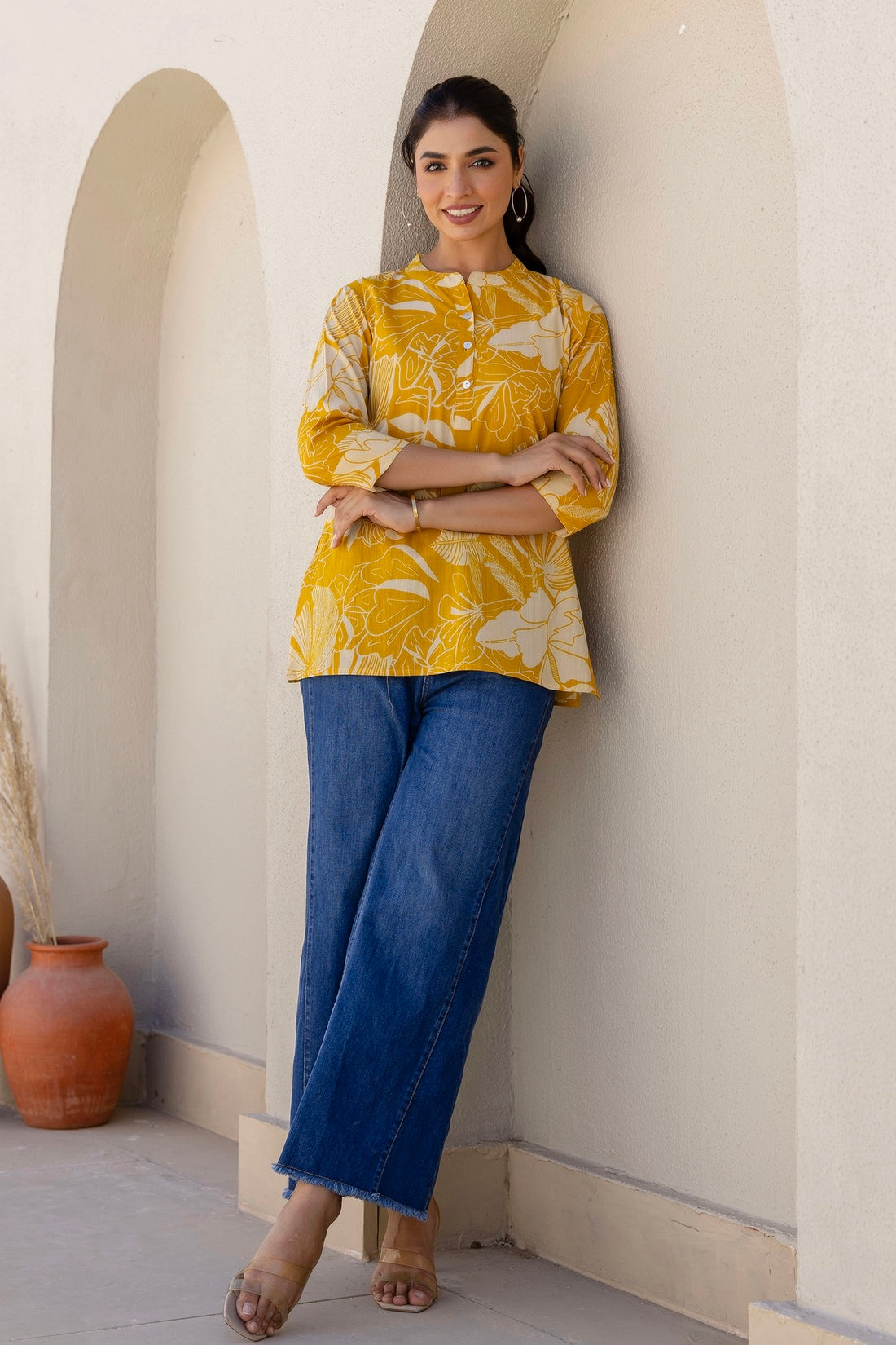 Vesper - Yellow Tropical Print Cotton Short Kurti