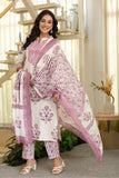 Purple Motif Print Plackett Highlight Lined Kurta Set with Trousers and Dupatta