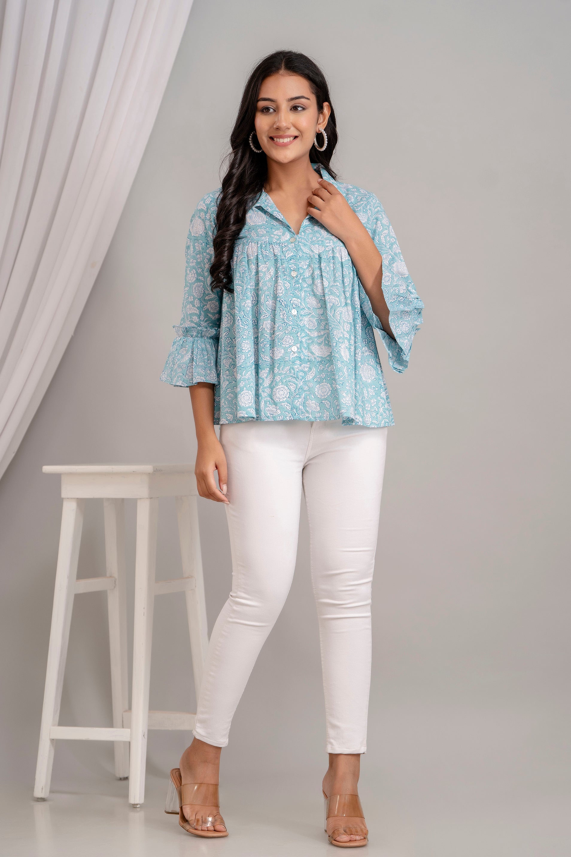 ARIANA - Bell Sleeves Handblock Printed Cotton Shirt