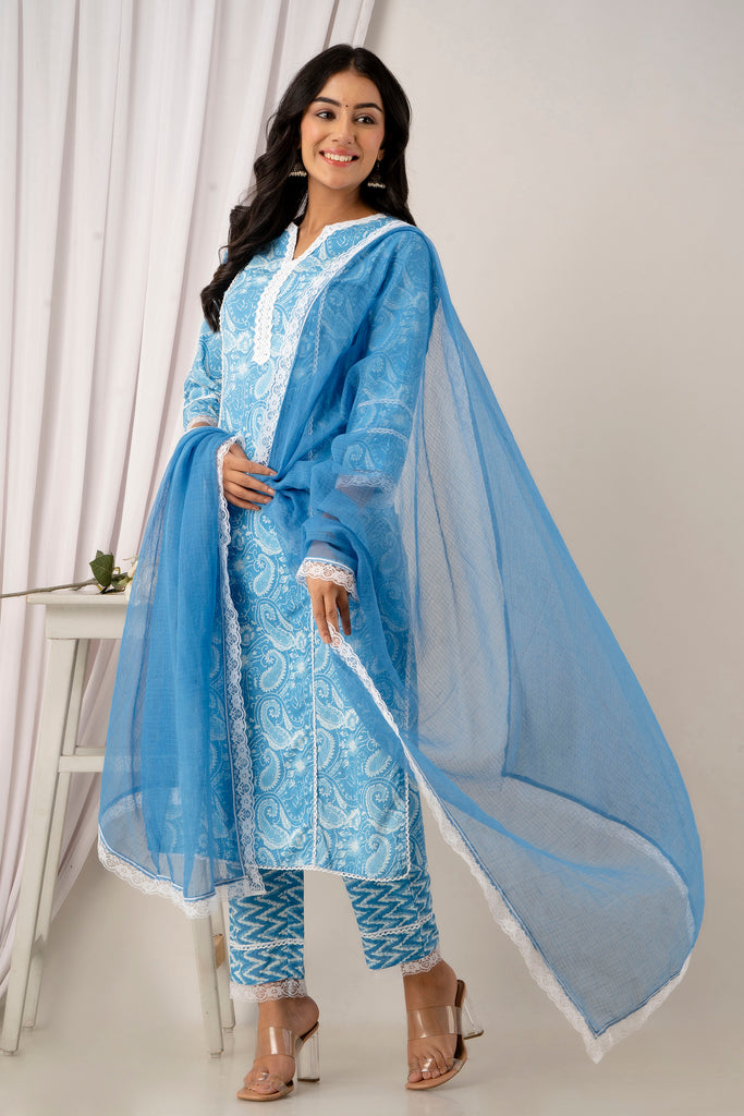 Blue wave kurta stole set