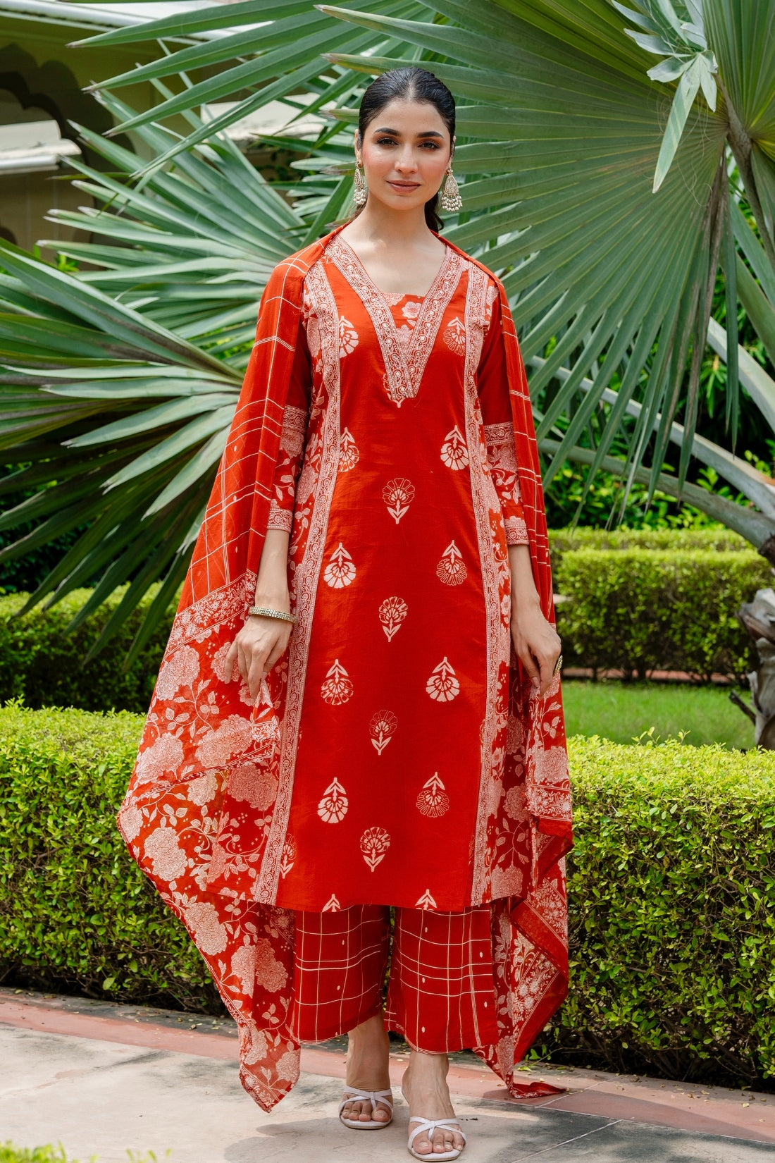 Rust Festive Anarkali Suit Set with Palazzo Pants and Dupatta