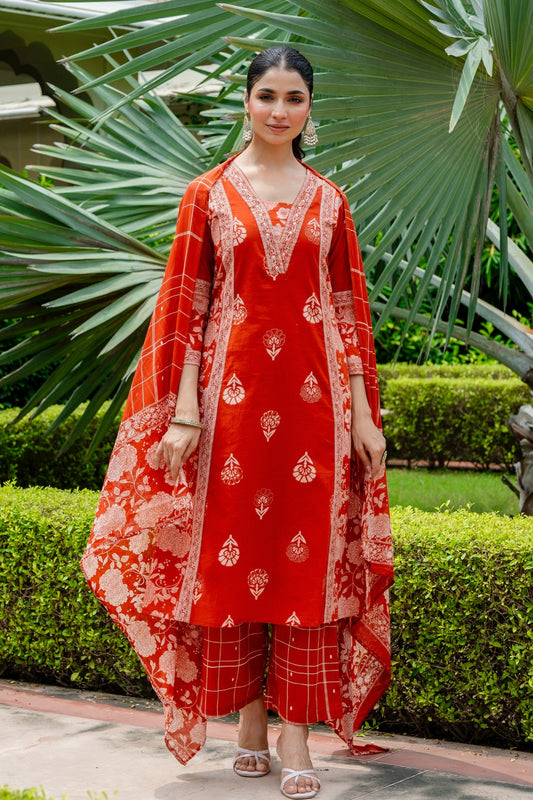 Rust Festive Anarkali Suit Set with Palazzo Pants and Dupatta
