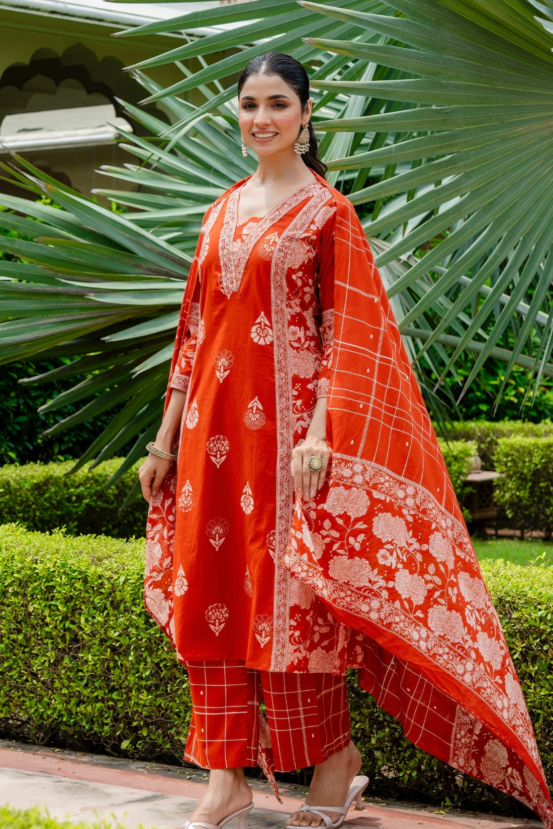 Rust Festive Anarkali Suit Set with Palazzo Pants and Dupatta