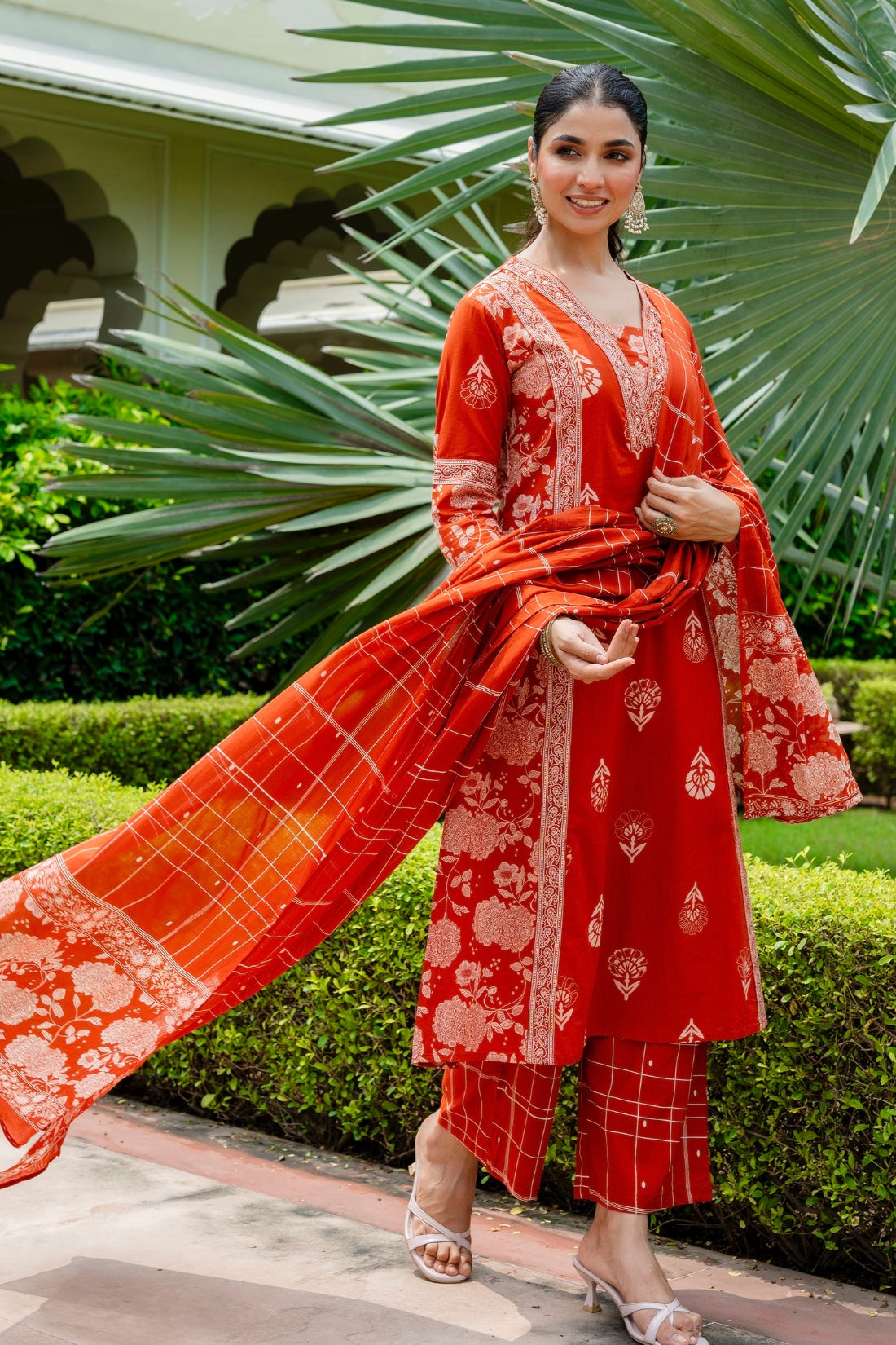 Rust Festive Anarkali Suit Set with Palazzo Pants and Dupatta