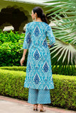 Blue Festive Ikat Print Mirror Work Kurta Set with Palazzo Pants and Dupatta