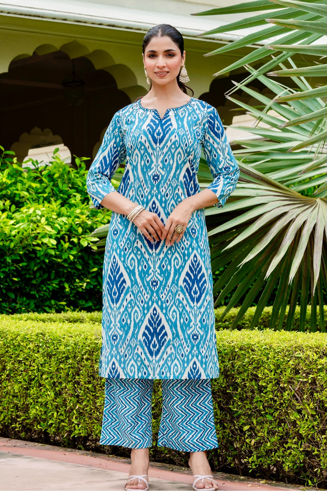 Blue Festive Ikat Print Mirror Work Kurta Set with Palazzo Pants and Dupatta