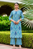 Blue Festive Ikat Print Mirror Work Kurta Set with Palazzo Pants and Dupatta