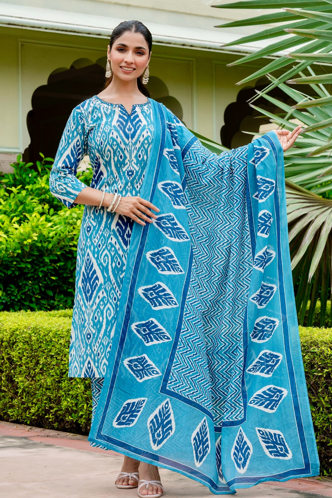 Blue Festive Ikat Print Mirror Work Kurta Set with Palazzo Pants and Dupatta