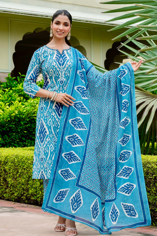 Blue Festive Ikat Print Mirror Work Kurta Set with Palazzo Pants and Dupatta