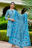 Blue Festive Ikat Print Mirror Work Kurta Set with Palazzo Pants and Dupatta