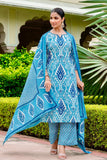 Blue Festive Ikat Print Mirror Work Kurta Set with Palazzo Pants and Dupatta