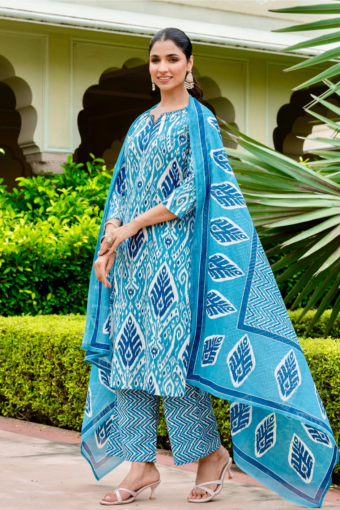 Blue Festive Ikat Print Mirror Work Kurta Set with Palazzo Pants and Dupatta
