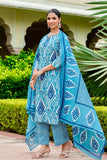 Blue Festive Ikat Print Mirror Work Kurta Set with Palazzo Pants and Dupatta