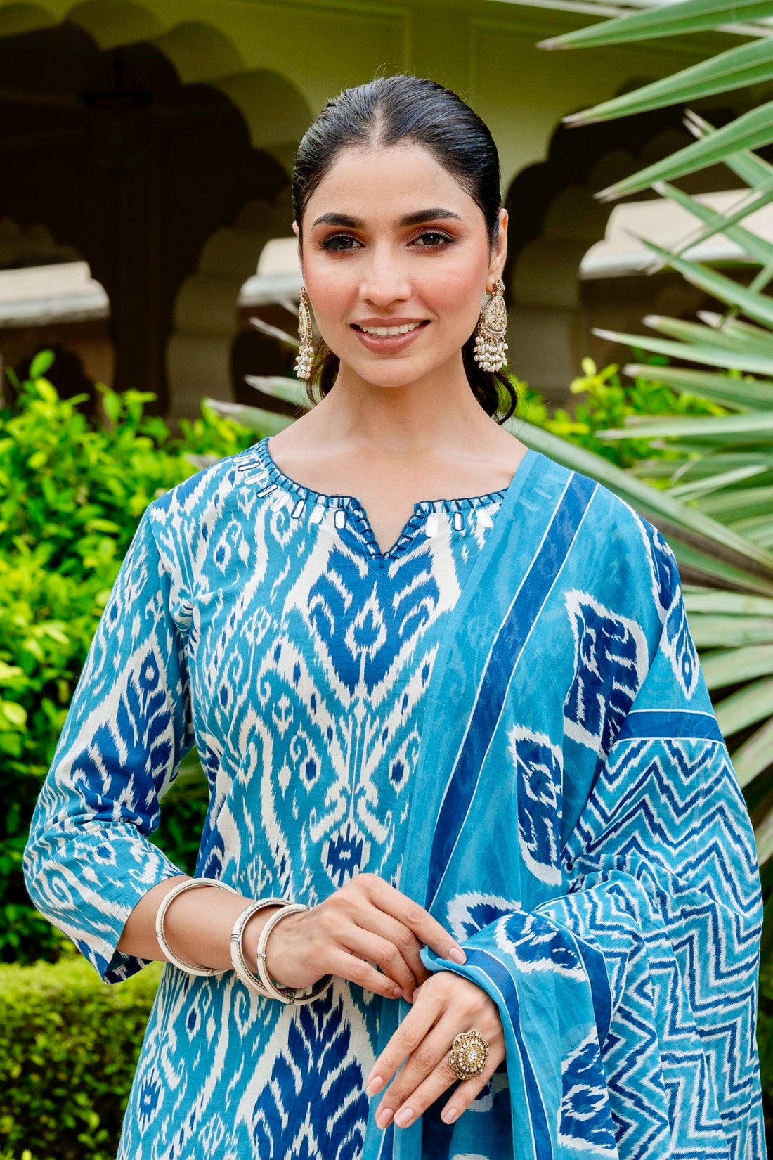 Blue Festive Ikat Print Mirror Work Kurta Set with Palazzo Pants and Dupatta