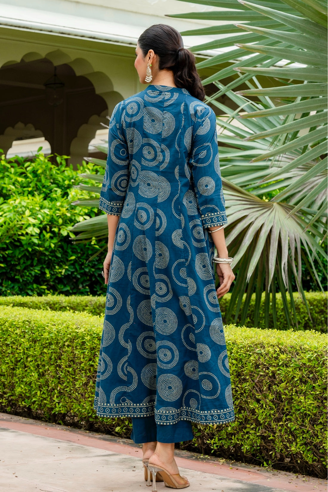 Blue Bandhej Print Festive Anarkali Suit Set with Trousers and Dupatta