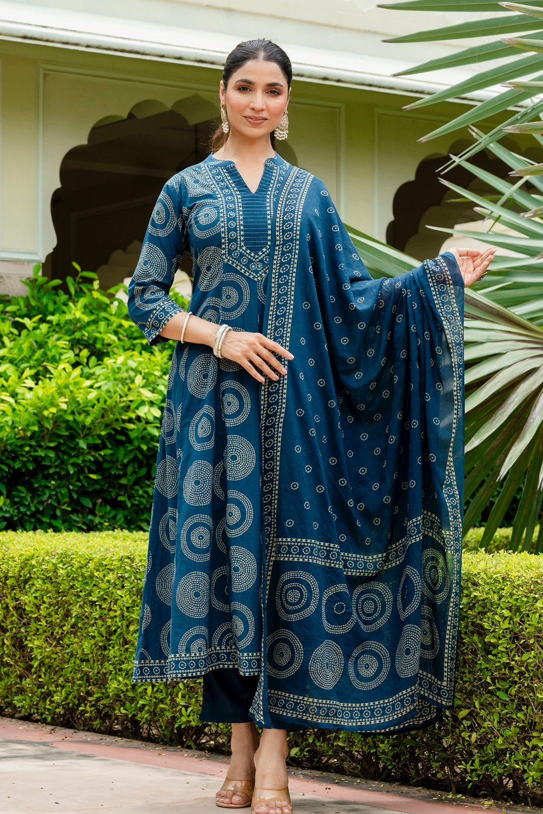 Blue Bandhej Print Festive Anarkali Suit Set with Trousers and Dupatta