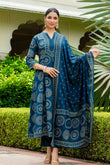 Blue Bandhej Print Festive Anarkali Suit Set with Trousers and Dupatta