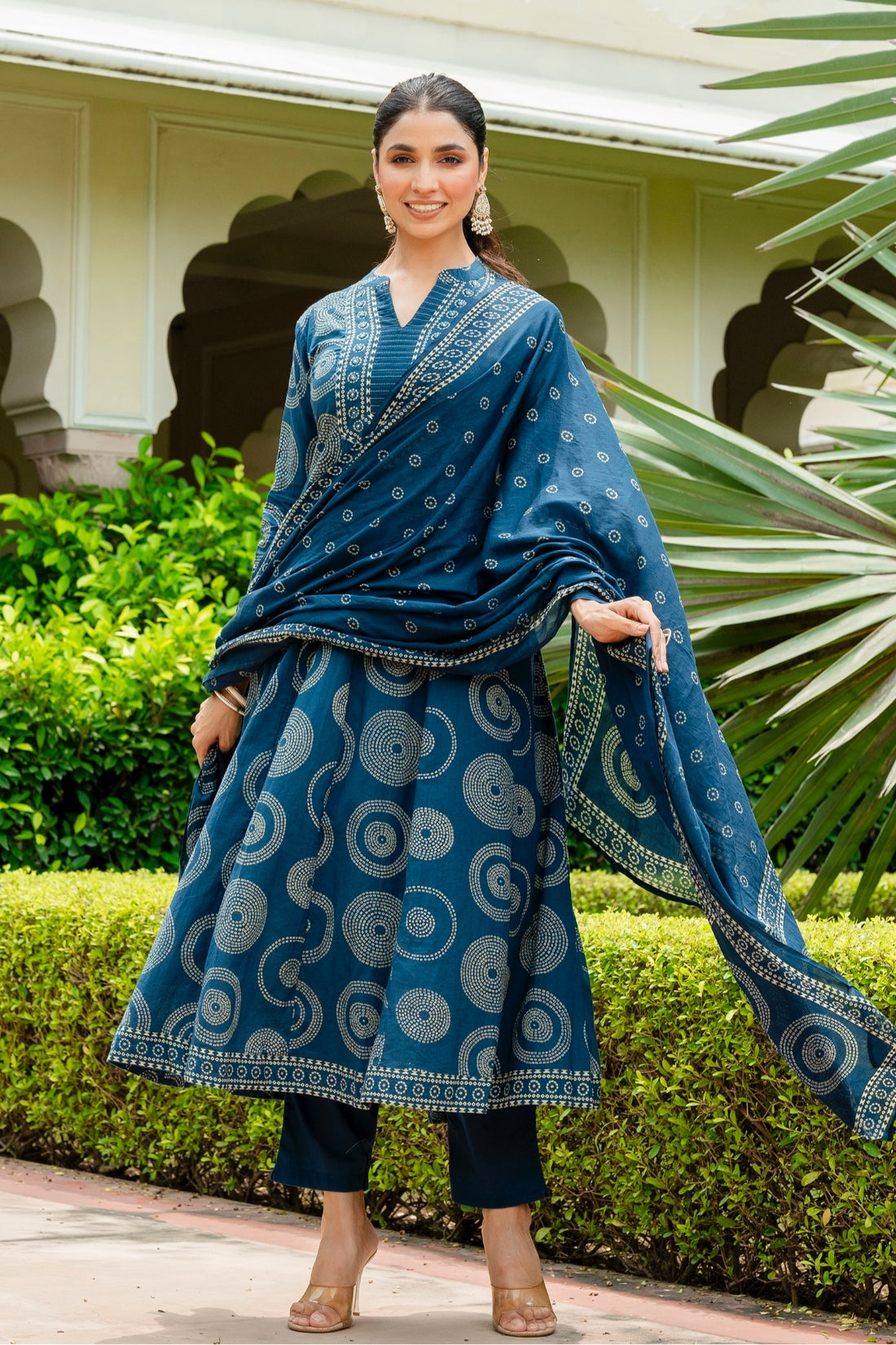 Blue Bandhej Print Festive Anarkali Suit Set with Trousers and Dupatta