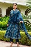 Blue Bandhej Print Festive Anarkali Suit Set with Trousers and Dupatta