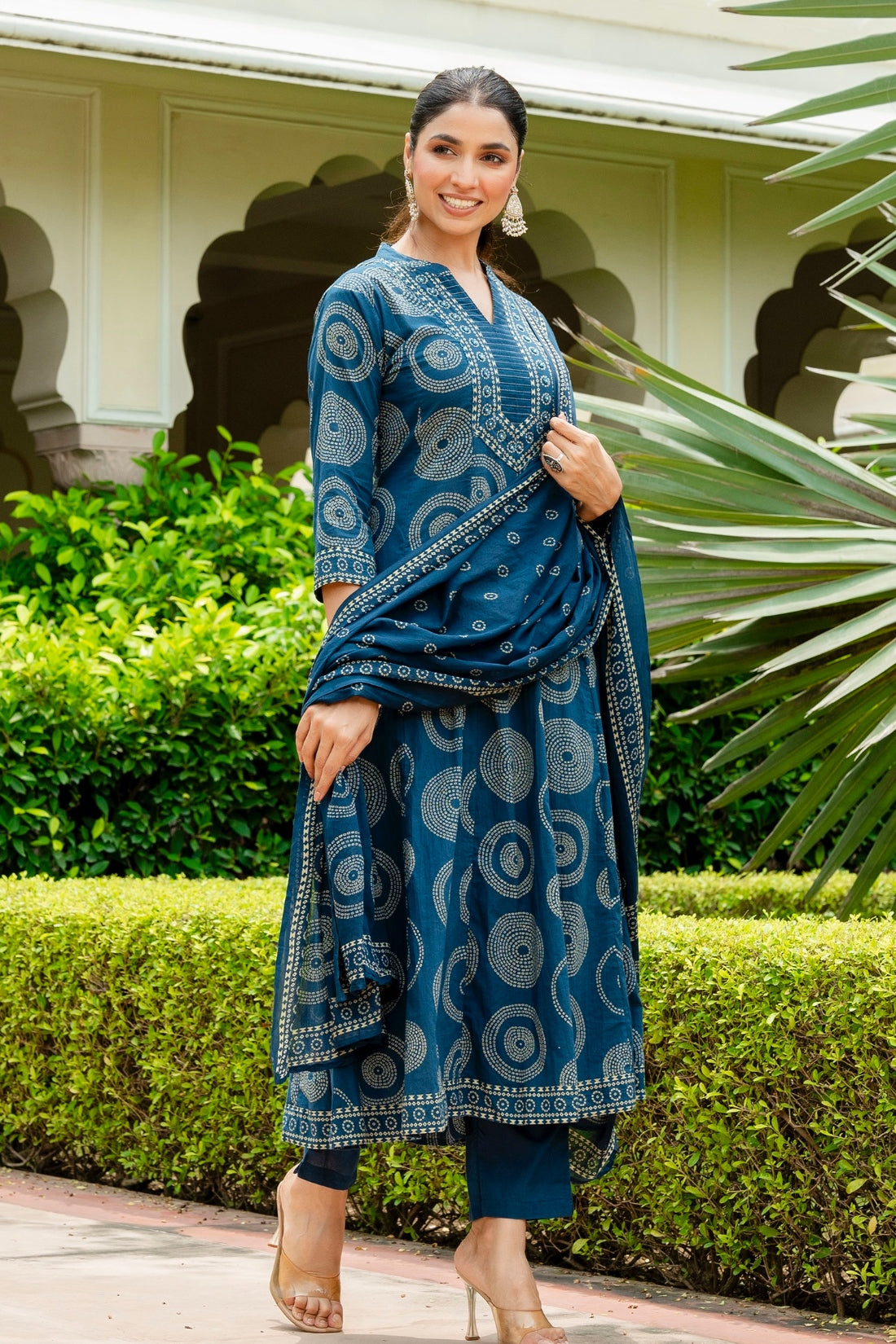 Blue Bandhej Print Festive Anarkali Suit Set with Trousers and Dupatta