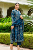Blue Bandhej Print Festive Anarkali Suit Set with Trousers and Dupatta