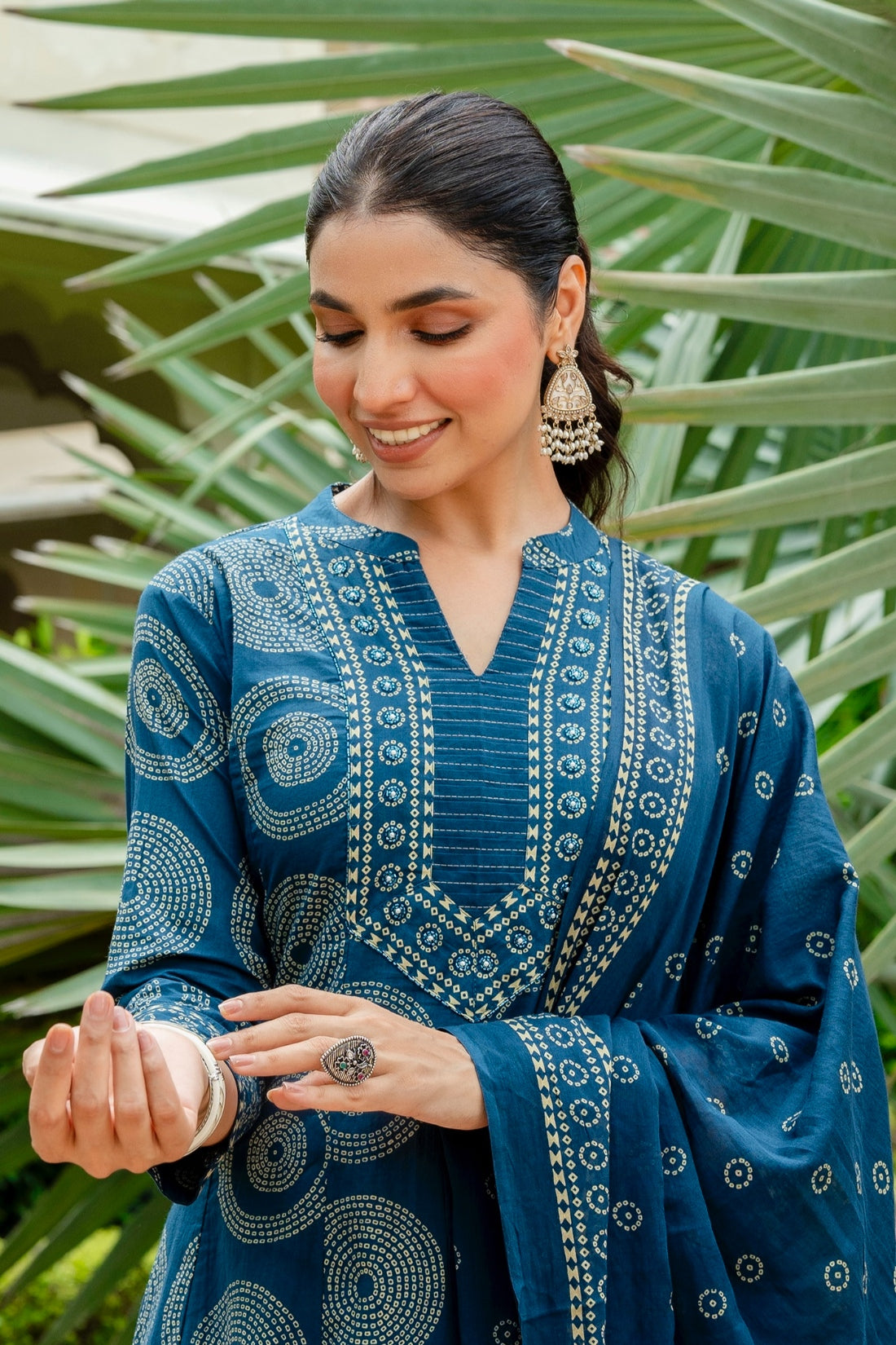 Blue Bandhej Print Festive Anarkali Suit Set with Trousers and Dupatta