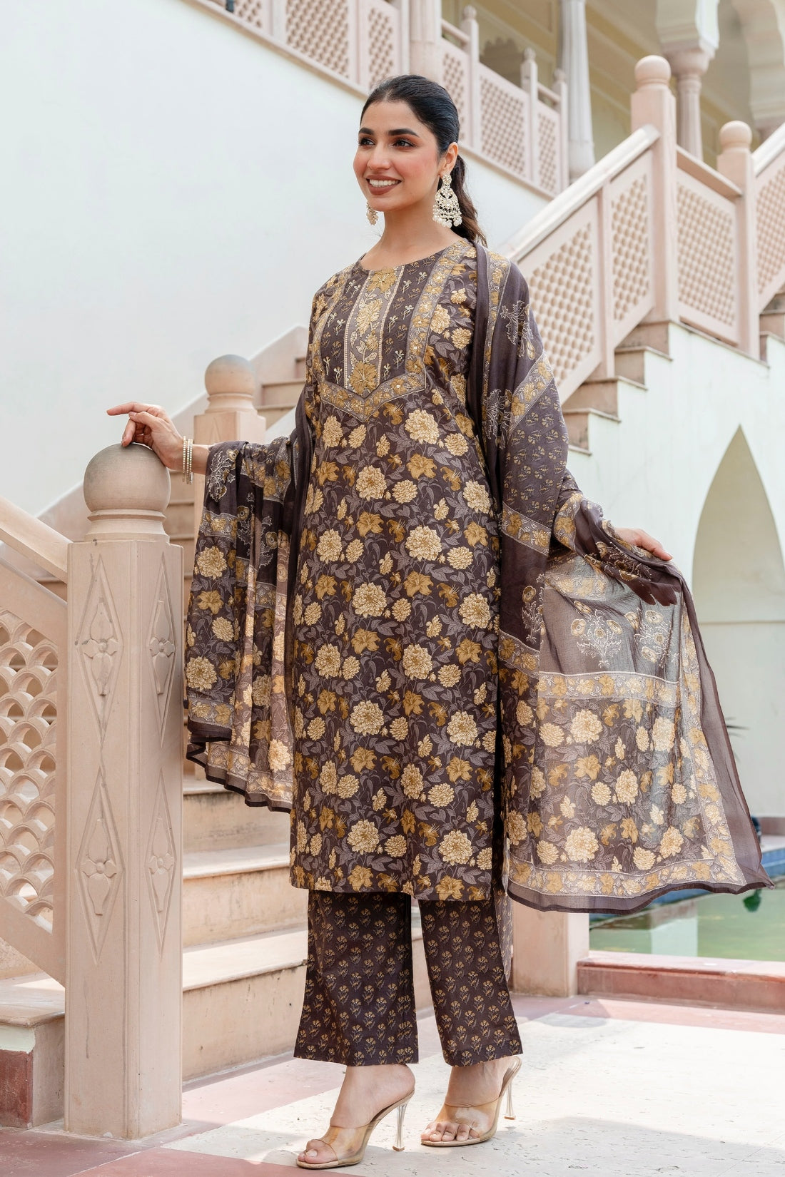 Brown Floral Print Yoke Highlight Kurta Set with Palazzo Pants and Dupatta