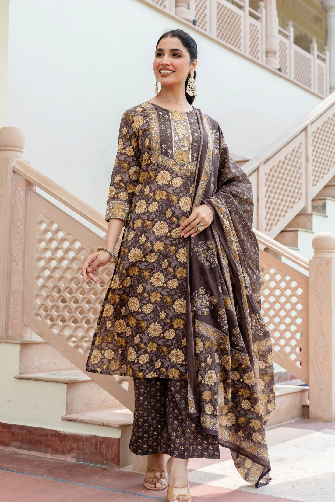 Brown Floral Print Yoke Highlight Kurta Set with Palazzo Pants and Dupatta