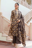 Brown Floral Print Yoke Highlight Kurta Set with Palazzo Pants and Dupatta