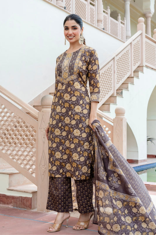 Brown Floral Print Yoke Highlight Kurta Set with Palazzo Pants and Dupatta