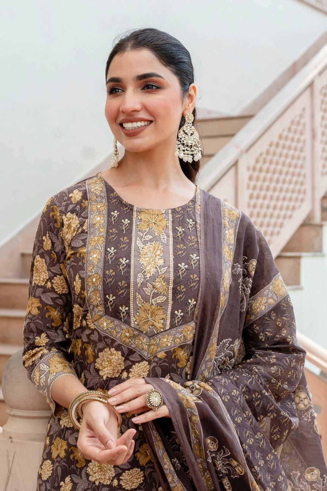 Brown Floral Print Yoke Highlight Kurta Set with Palazzo Pants and Dupatta