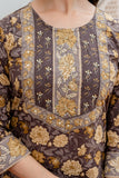 Brown Floral Print Yoke Highlight Kurta Set with Palazzo Pants and Dupatta