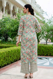 Green Lace Detailing Cotton Kurta Set with Palazzo Pants and Dupatta