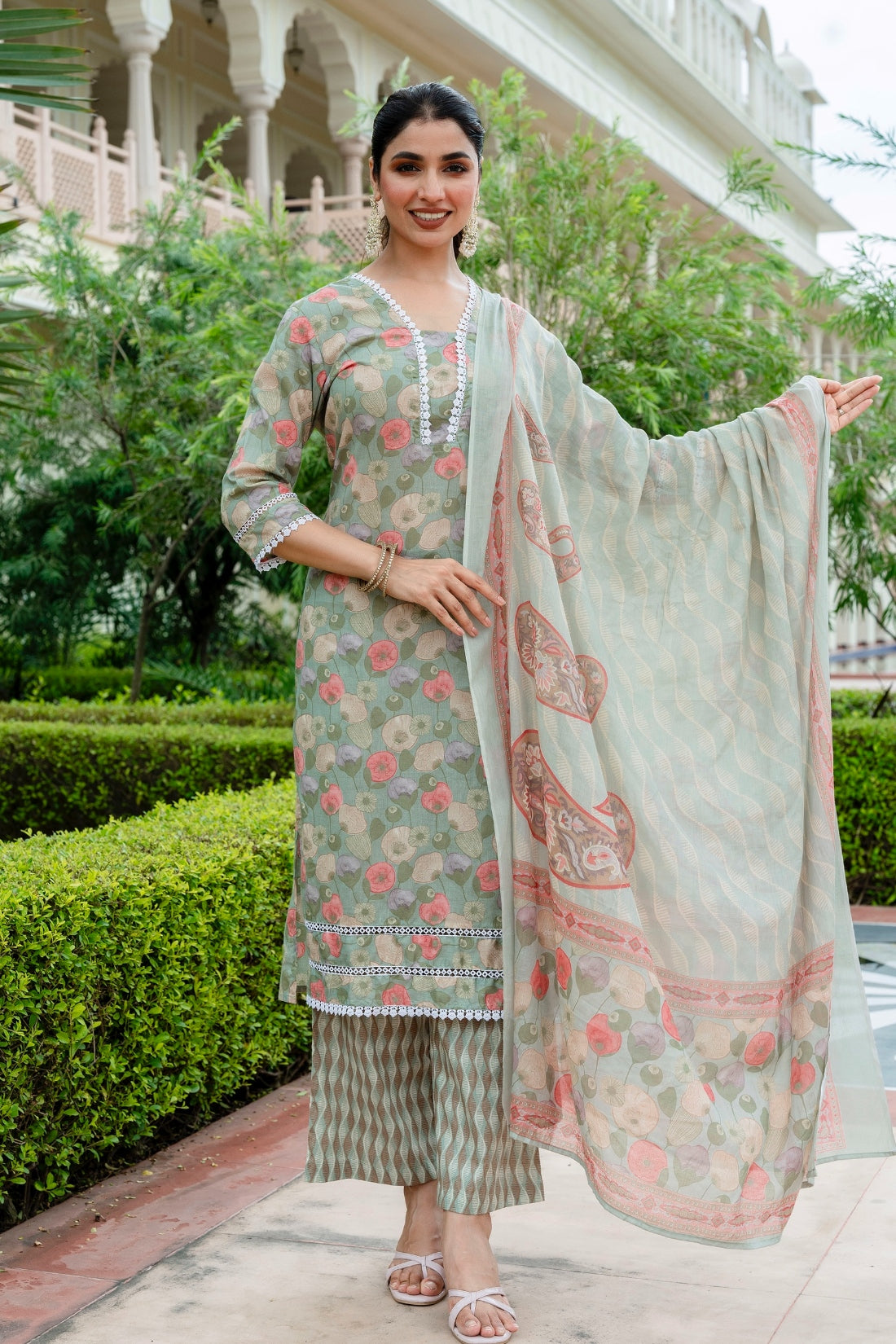 Green Lace Detailing Cotton Kurta Set with Palazzo Pants and Dupatta