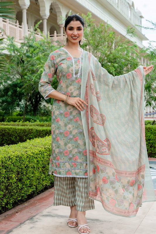 Green Lace Detailing Cotton Kurta Set with Palazzo Pants and Dupatta
