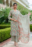 Green Lace Detailing Cotton Kurta Set with Palazzo Pants and Dupatta