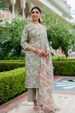 Green Lace Detailing Cotton Kurta Set with Palazzo Pants and Dupatta