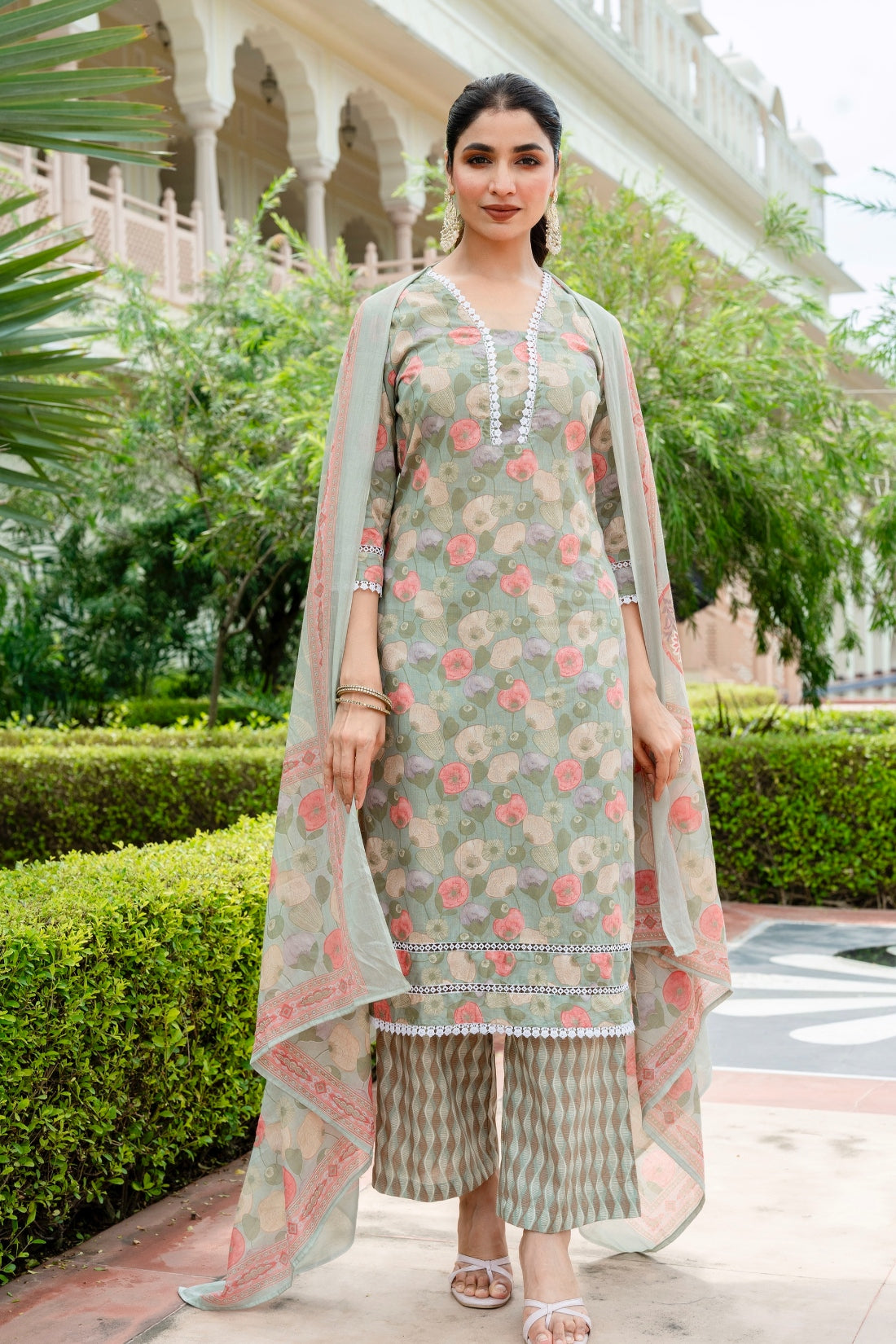 Green Lace Detailing Cotton Kurta Set with Palazzo Pants and Dupatta