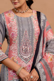 Pink & Grey Mirrorwork Viscose Festive Kurta Set with Trousers and Dupatta