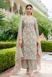 Green Lace Detailing Cotton Kurta Set with Palazzo Pants and Dupatta