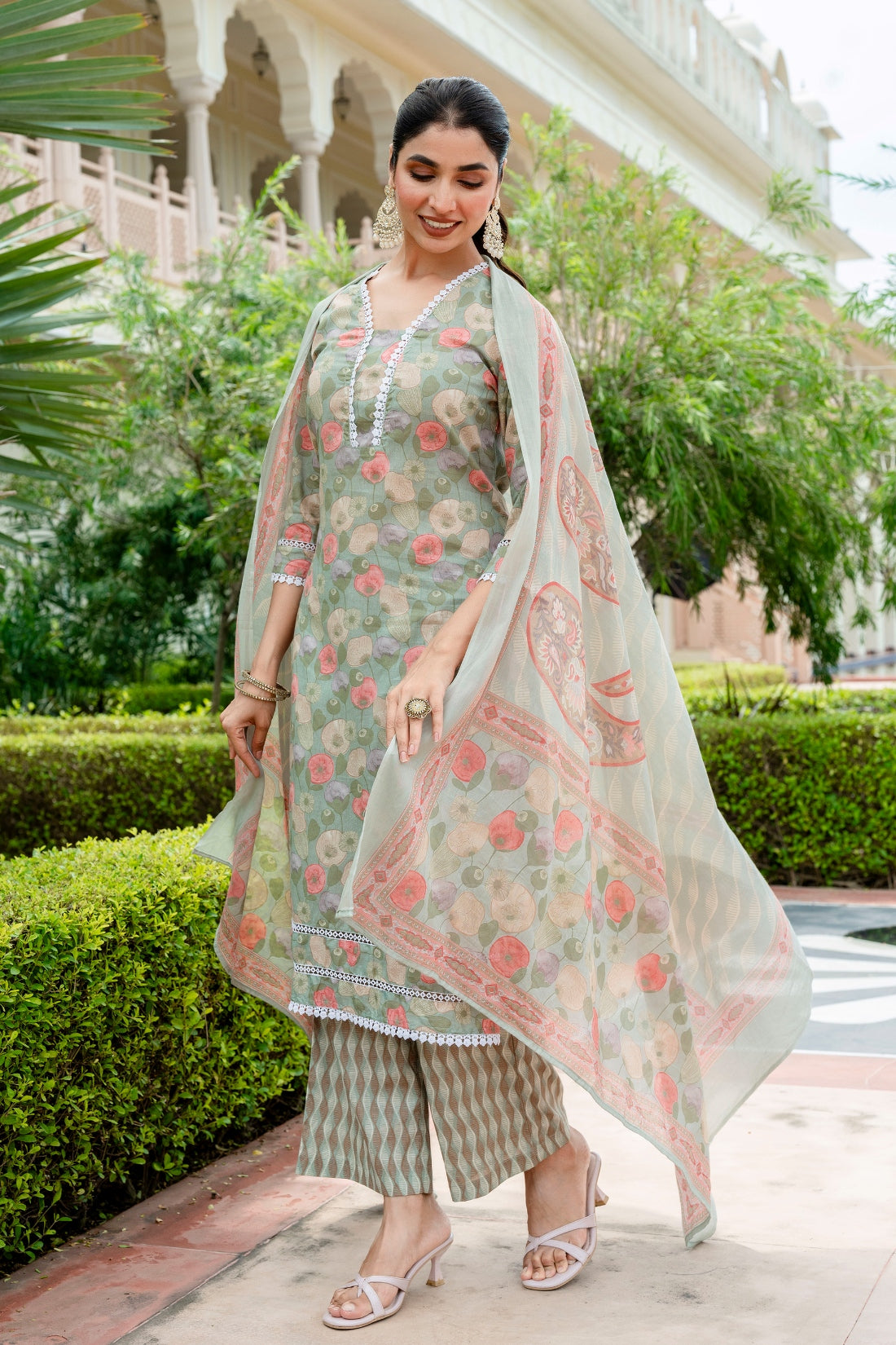 Green Lace Detailing Cotton Kurta Set with Palazzo Pants and Dupatta