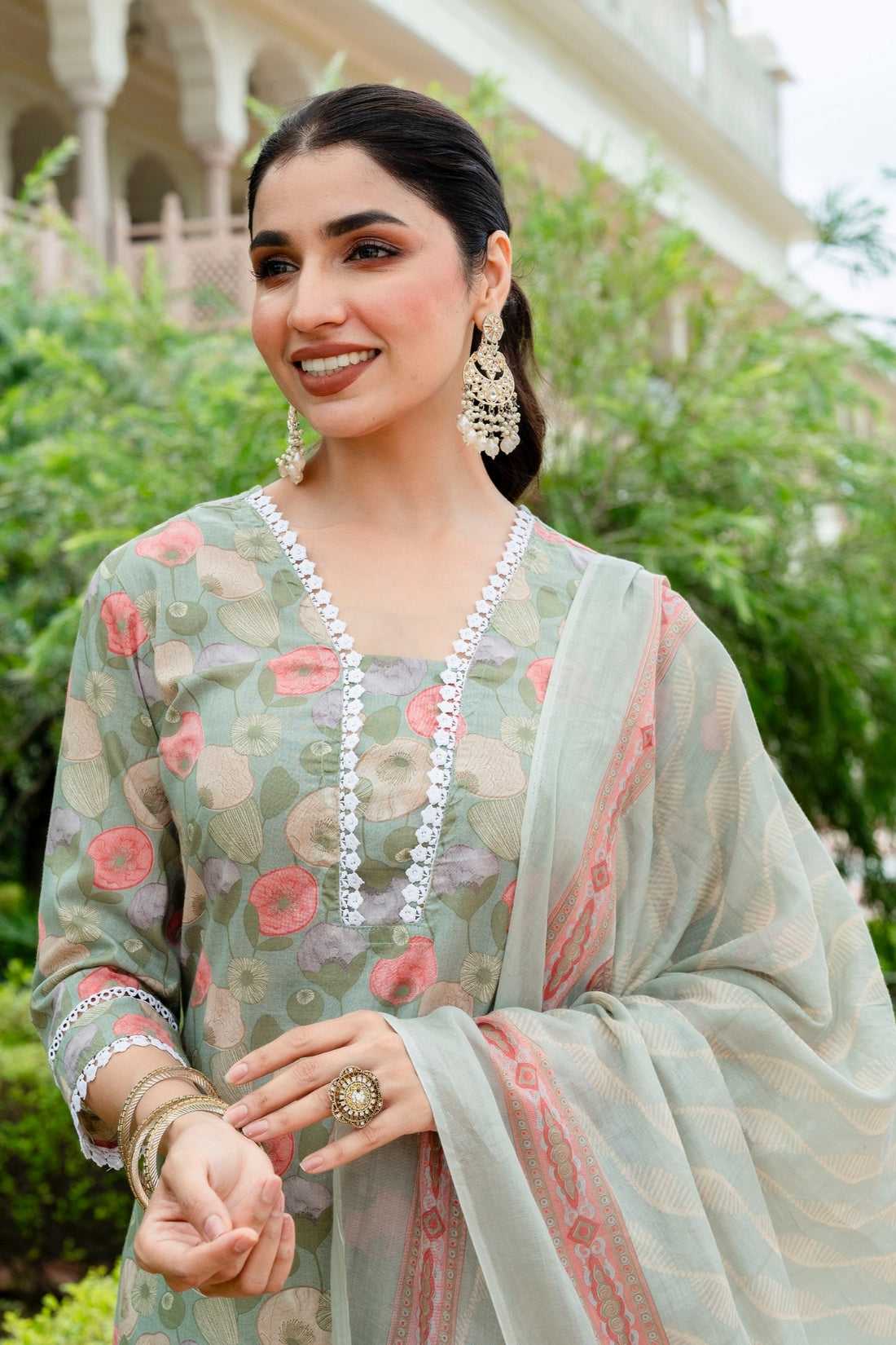 Green Lace Detailing Cotton Kurta Set with Palazzo Pants and Dupatta