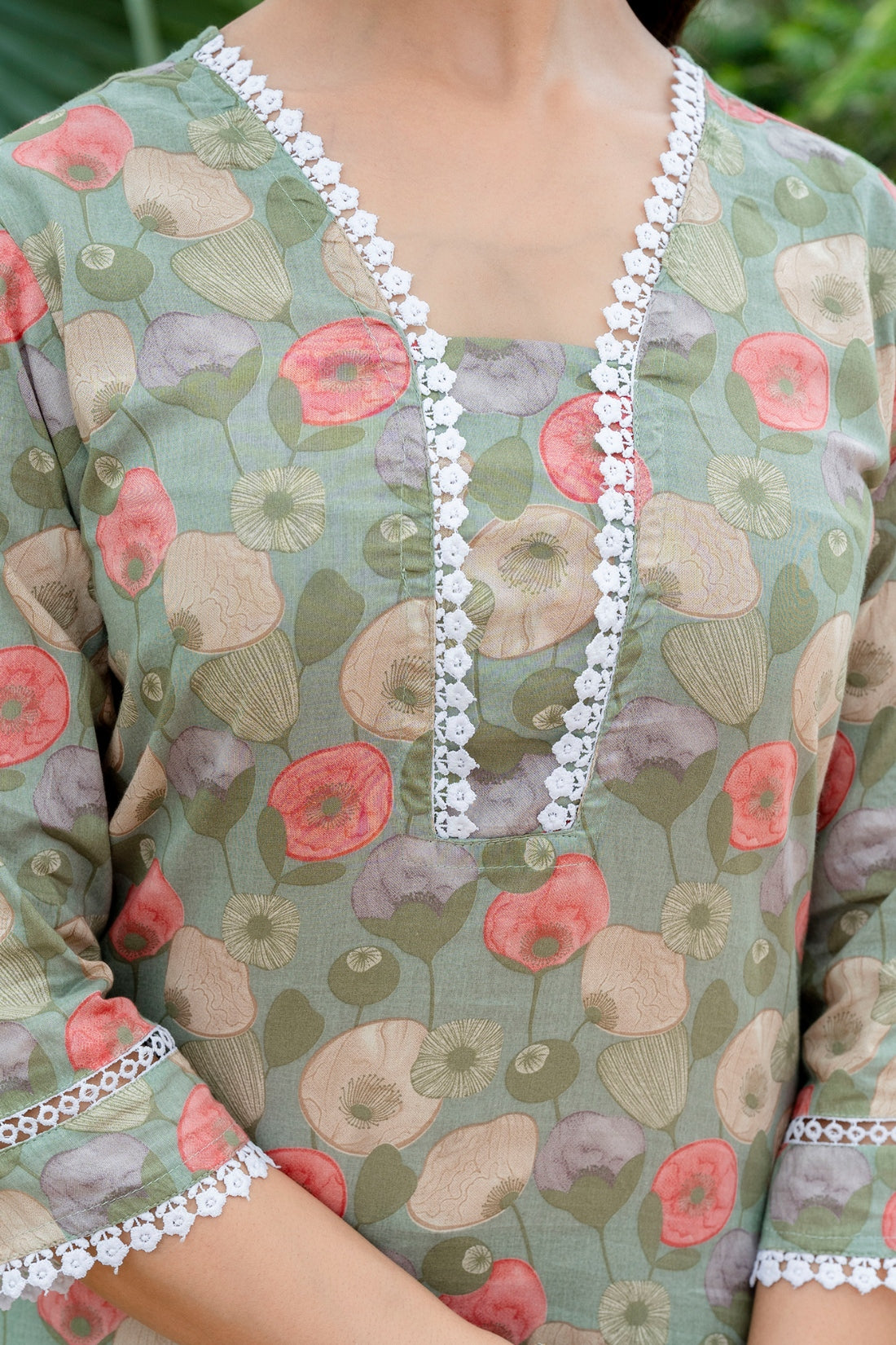 Green Lace Detailing Cotton Kurta Set with Palazzo Pants and Dupatta