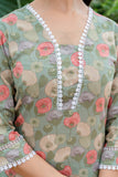 Green Lace Detailing Cotton Kurta Set with Palazzo Pants and Dupatta