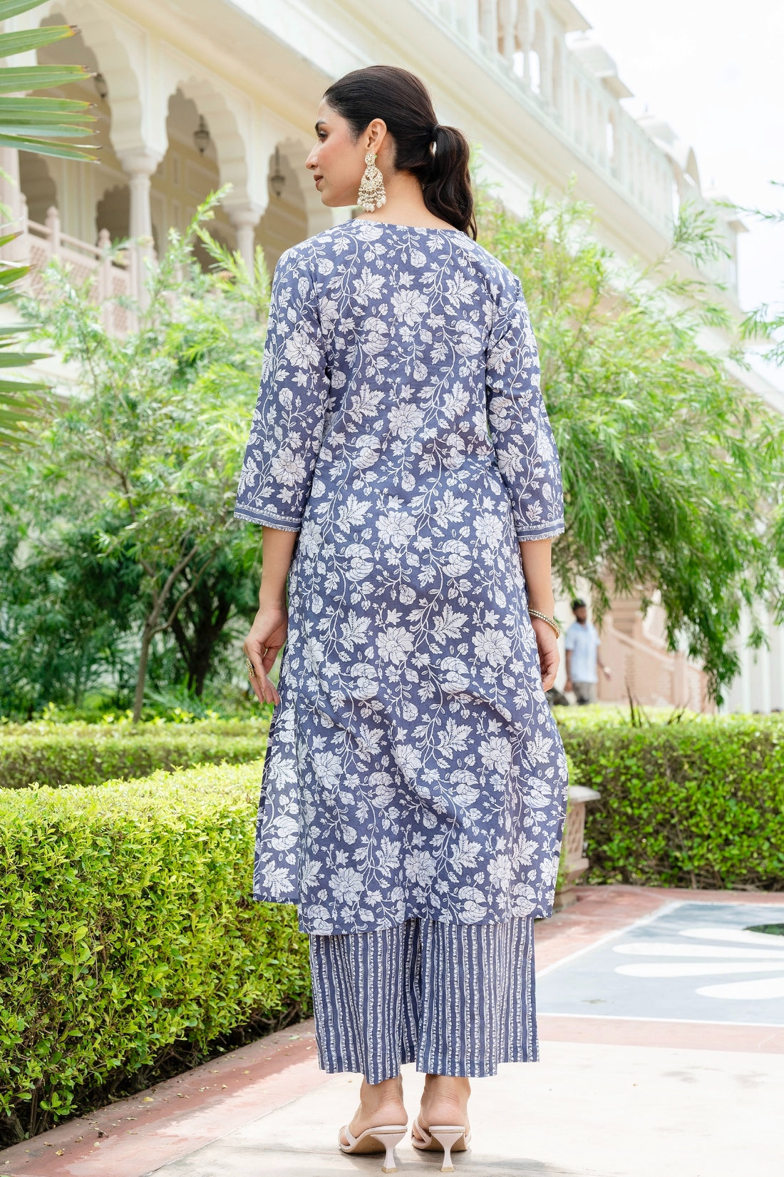 Steel Grey Floral Print Kurta Set with Palazzo Pants and Dupatta