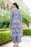 Steel Grey Floral Print Kurta Set with Palazzo Pants and Dupatta