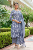 Steel Grey Floral Print Kurta Set with Palazzo Pants and Dupatta