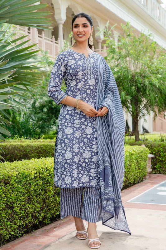Steel Grey Floral Print Kurta Set with Palazzo Pants and Dupatta